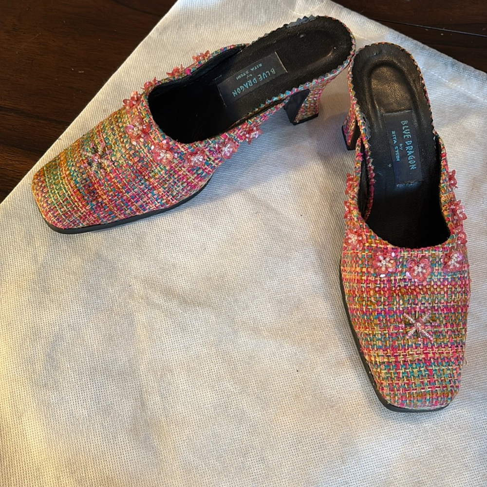 Blue Dragon by Rita Stein Embellished Sq Kitten heel toe mules